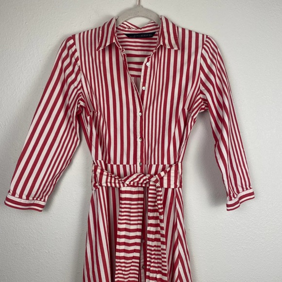 Zara Woman Red and White Stripe A-Line Shirt Dress Maxi Tie Waist Womens S - Picture 3 of 13